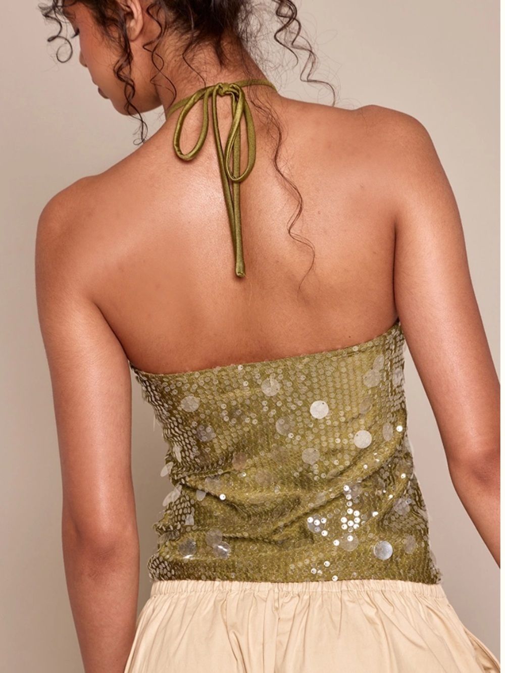 Sequin Halter Tank Dress in Olive Green - Picture 2 of 6